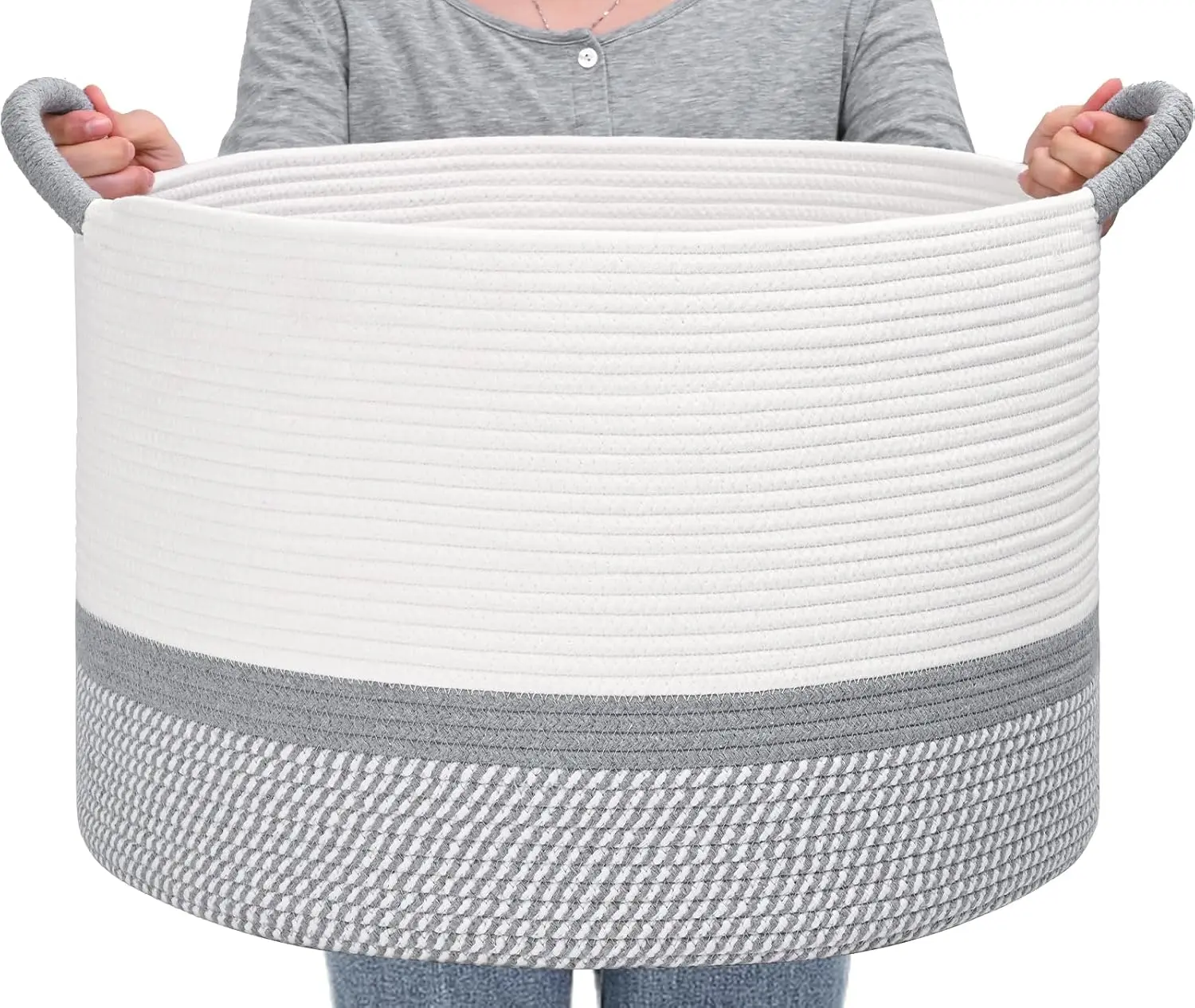67L Cotton Rope Blanket Storage Basket, 20"x13" Woven Organiser with Handles for Living Room Laundry, Nursery (White & Light Grey)