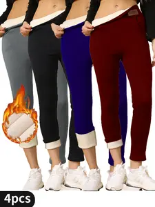 4 Pcs Full-Length High-Waisted Women's Fleece-Lined Leggings, Slim Fit, Warm, Sports Style Athletic Casual Pants for Fall & Winter