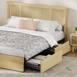 Garvee Bed Frame with Natural Rattan Headboard, Reinforced Wooden Slats and Metal Platform, Silent Support System, No Box Spring Required, Modern Bedroom Furniture Centerpiece