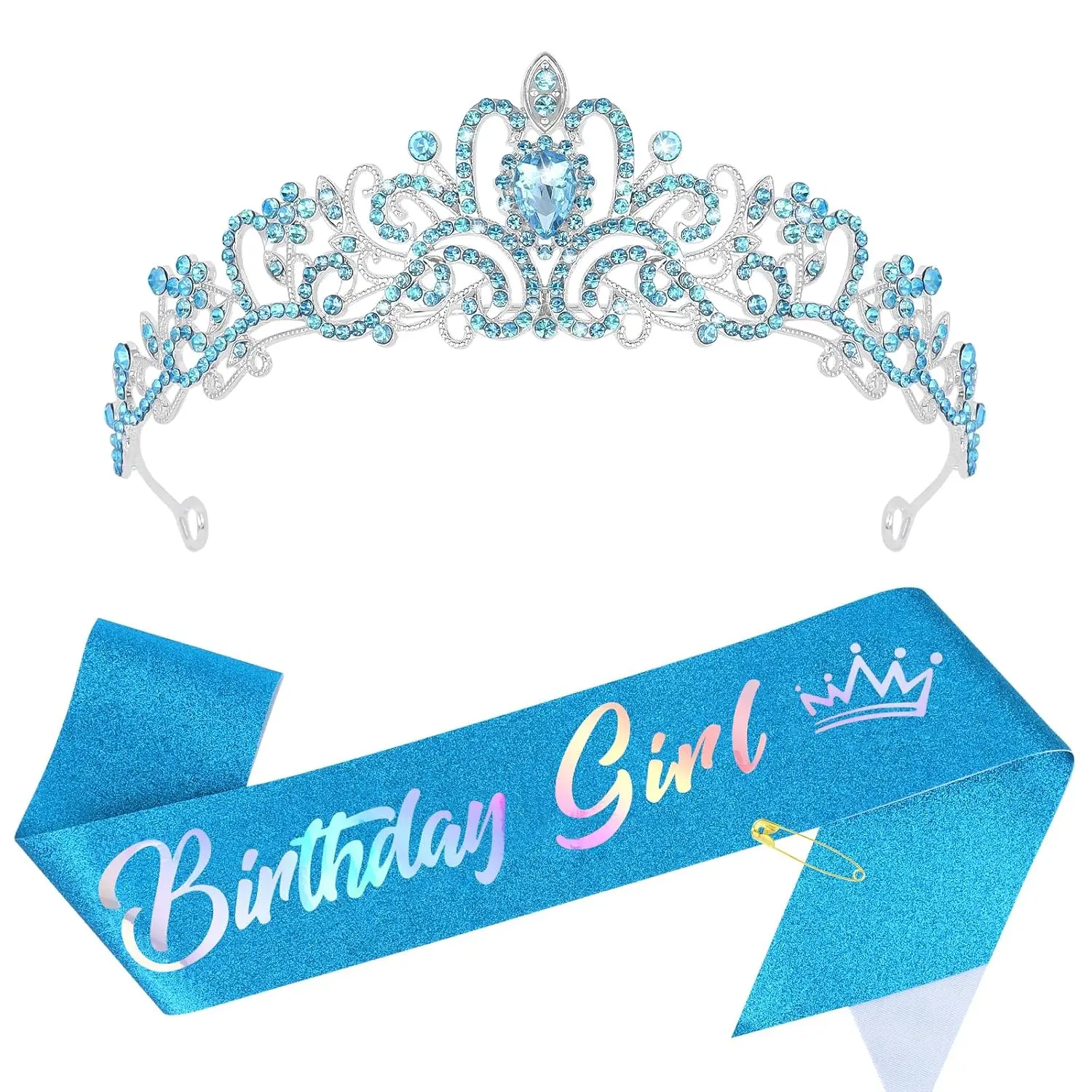 Birthday Girl Sash and Blue Crown Tiara Set - Sparkling Princess Tiara Headband & Elegant Satin Sash for Girls Birthday Party Decorations & Accessories