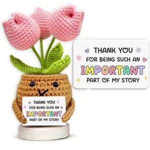 Handmade Crochet Tulip Flower with Meaningful Greeting Card, "Important Part of My Story" Knitted Potted Plant, Sentimental Thank You Gift for Best Friend, Coworker, Mentor, Wife, Cute Office Desk Decor