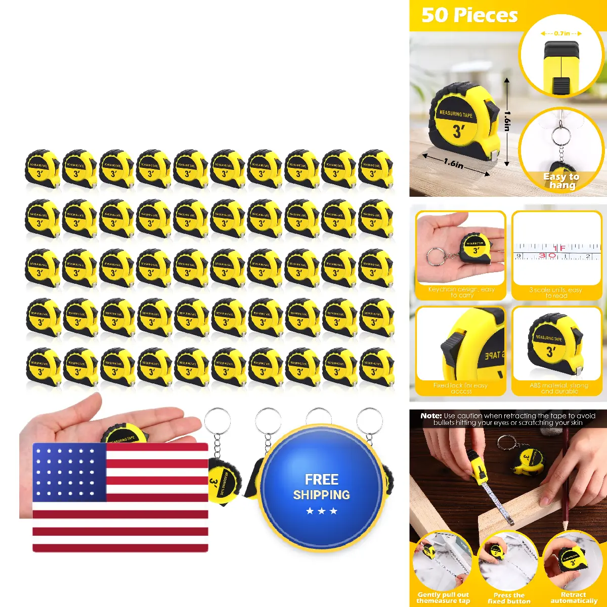 Kanayu 50-Piece Compact Mini Tape Measure Keychain Set, 3 Ft Retractable Hand Measuring Tool for Small Projects