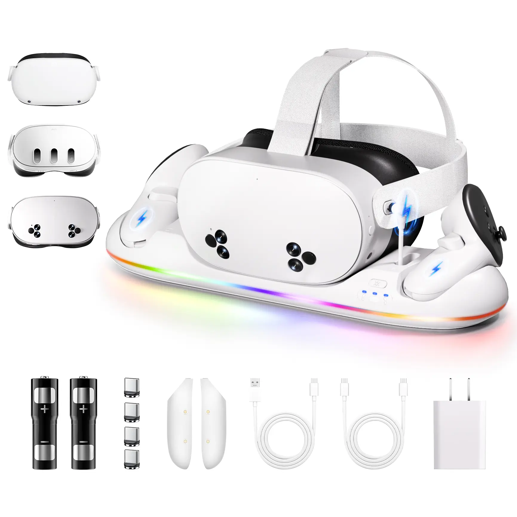 RGB Light Magnetic Charging Dock for Oculus Meta Quest 2/3/3s - Wearable Devices Virtual Reality VR Accessories Stand, 2x2100mAh Rechargeable Batteries, 20W UL AC Adapter for Headset & Controllers, Virtual Reality Vr Devices