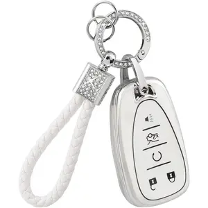 New Upgrade Key Fob Cover for Chevy White Car Keys Shell Case Accessories Bling Keychain for Malibu Equinox Camaro Blazer Traverse Trailblazer Spark 5 Buttons Girly Women Cute TPU