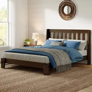 [Summervibes]King Size Bed Frame with Headboard, Mid-Century Modern Wood Bed Frame with Fluted Headboard & Curved Wings, Noise-Free, No Box Spring Needed, Wood Slat Support, Easy Assembly, Honey Oak