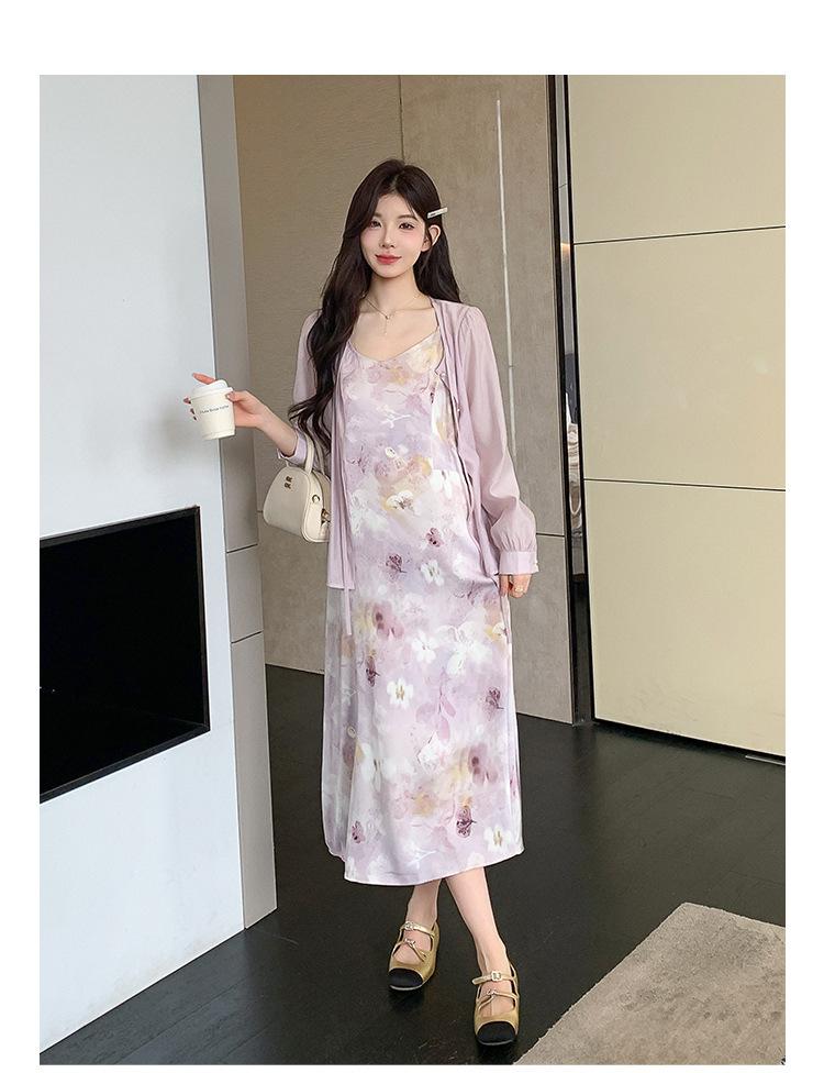 Sweet And Gentle Style Purple Printed Slip Dress Shirt And Cardigan Two-Piece Set