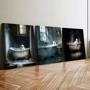 3Pcs Wooden Framed Canvas Painting, Cute Halloween Ghosts Lying In The Bathtub, Exquisite Poster, Home Decoration, Pattern Wall Art Decor, For Living Room, Bedroom, Office, Restaurant, Bar Wall Decor, Odorless, Painting, Print Artwork.