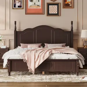 Queen Platform Bed with Headboard,Retro Style Wooden Queen Size Bed Frame with Slat Support,No Box Spring Need