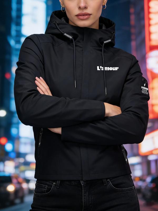 Women's Hooded Fleece Jacket Coat, L'amour French Romantic Print, Street Style Cool Design, Casual Sporty Daily Outdoor Commute Top