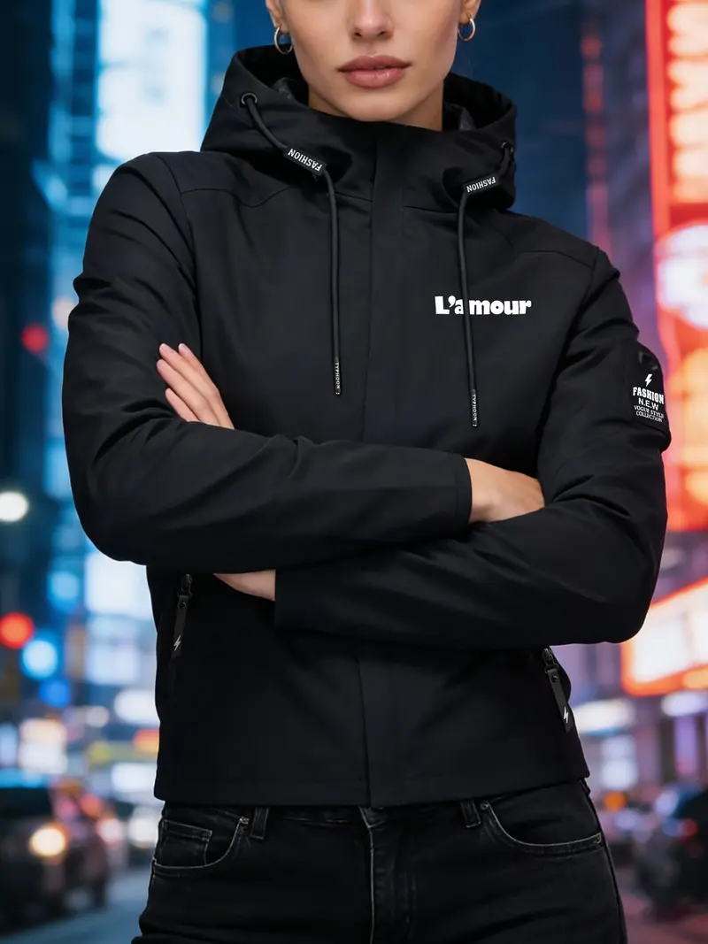 Women's Hooded Fleece Jacket Coat, L'amour French Romantic Print, Street Style Cool Design, Casual Sporty Daily Outdoor Commute Top