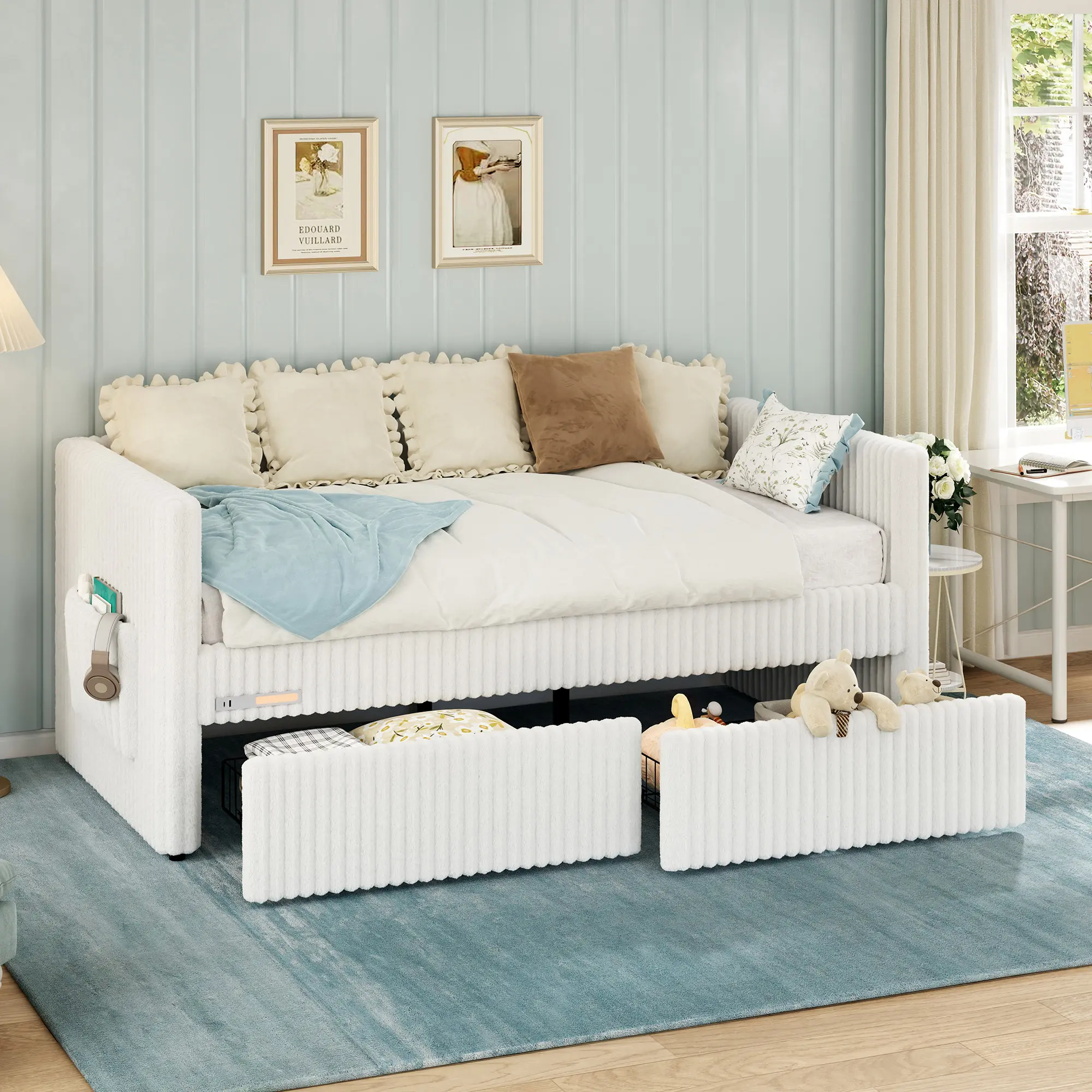 Amerlife Twin Size Ribbed Corduroy Fabric Bed Frame Daybed - Strong, 2 Storage Drawers, 1 Bedside Pocket, USB Ports, Charging, Night Light, No Box Spring Needed, Silent, Easy Assembly, for Living Room, Bedroom