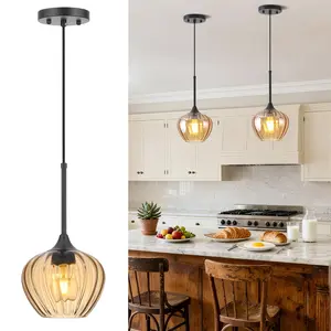 Amber Glass Pendant Lights Kitchen Island, 7 Inch Modern Adjustable Vintage Hanging Ceiling Light for Dining Room Bathroom