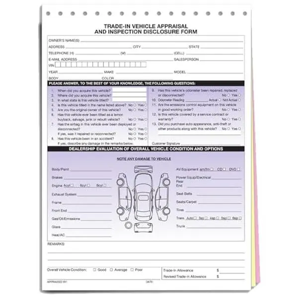 Trade-In Vehicle Appraisal & Disclosure Form - 8.5" x 11.75" Large Size - 3-Part Snap-Out Carbonless Paper - Accurate Vehicle History, Damage & Defect Documentation