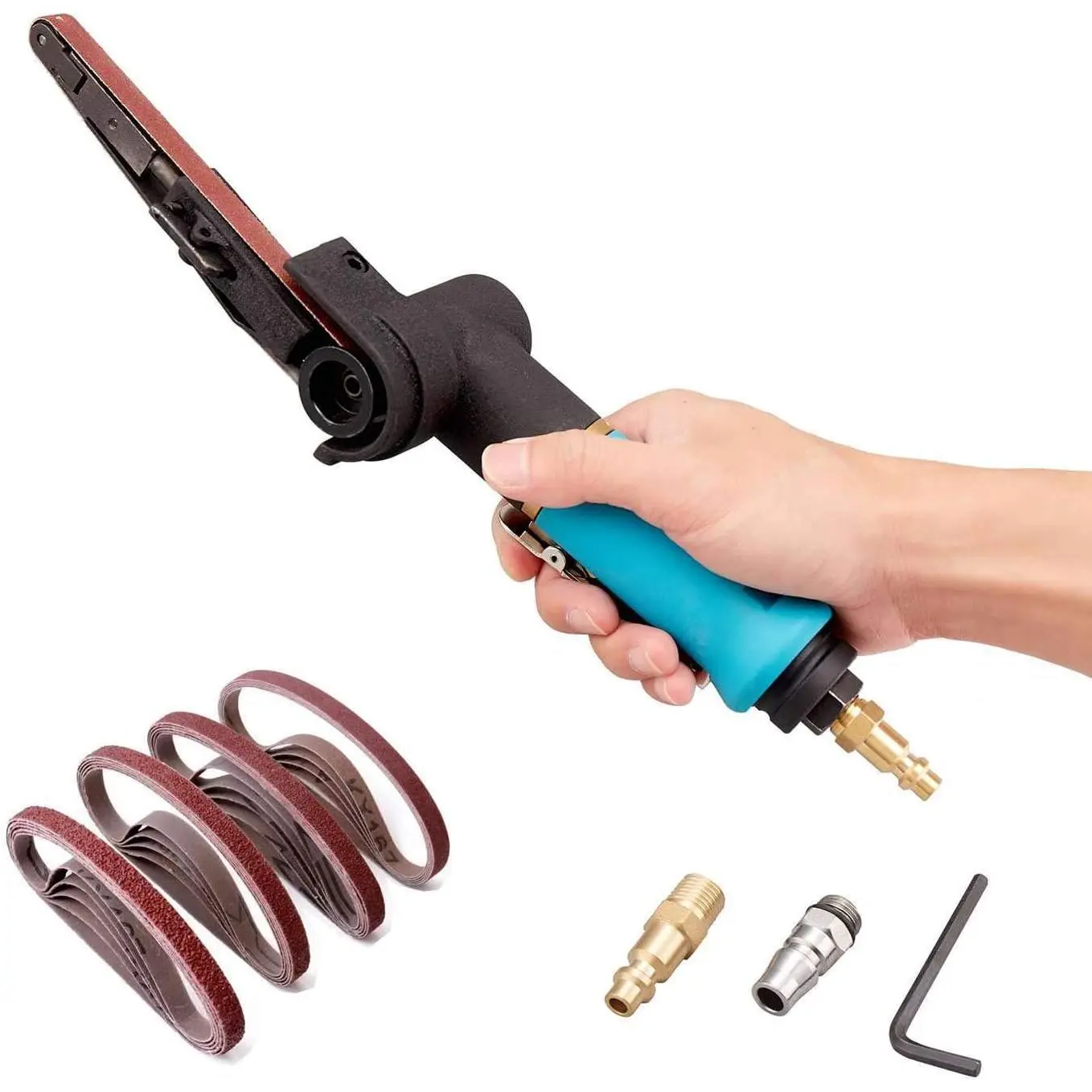 Swiilpo Pneumatic Tool Air Belt Sander,1/4" Air Inlet,Air Belt Sander (3/8" x 13") with 12pc Belts ( #   40, #   60,80 #   ,120 #   ),3/8" Air Belt Grinder For Aluminium, Iron, Steel And Etc.Metal Polishing,By Traiisutor
