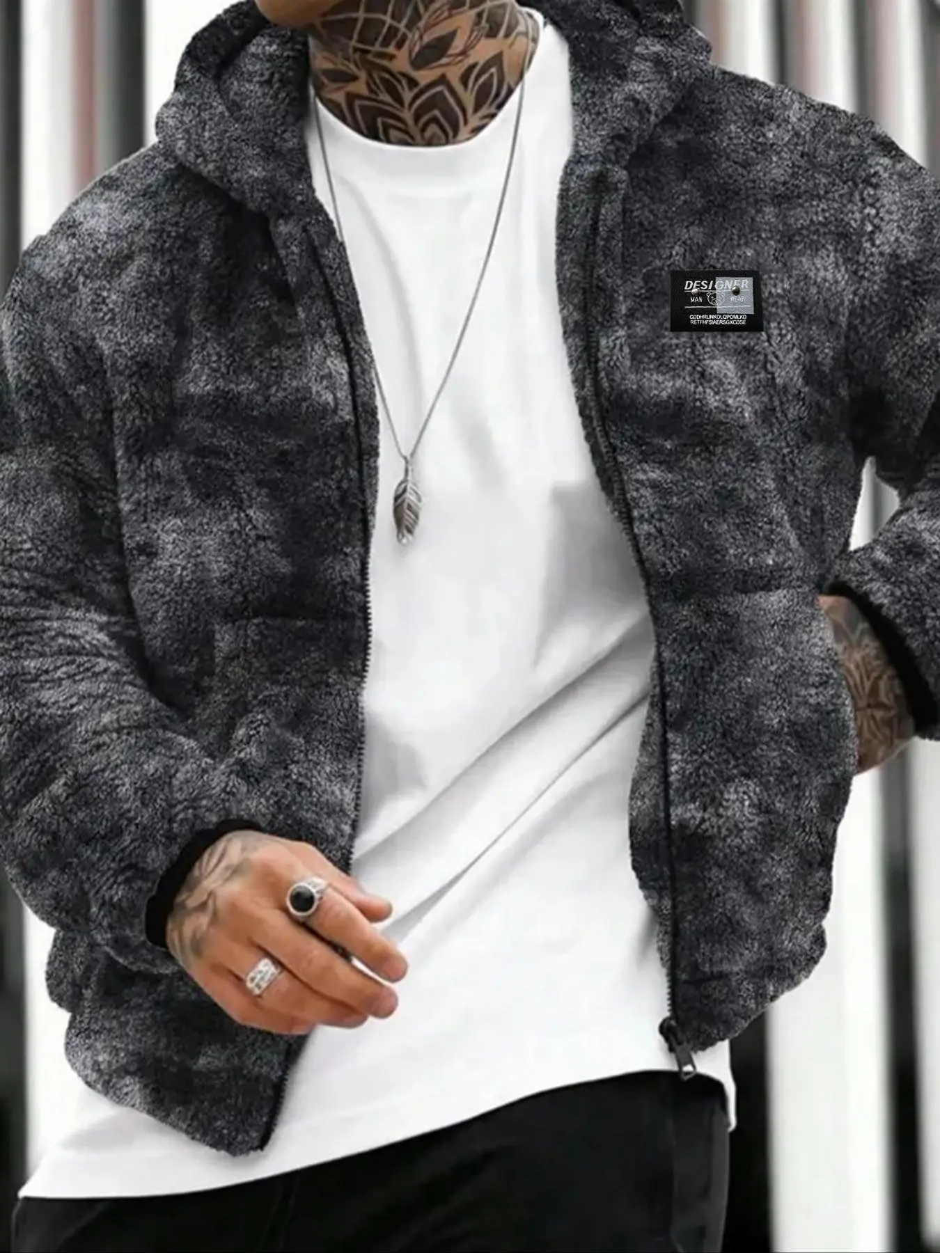 : Premium Textured Fuzzy Zip Up Hoodie for Men, Vintage Granite Grey Sherpa Jacket with Hood, Oversized Boxy Fit Streetwear Outerwear for Winter Layering & Urban Street Style