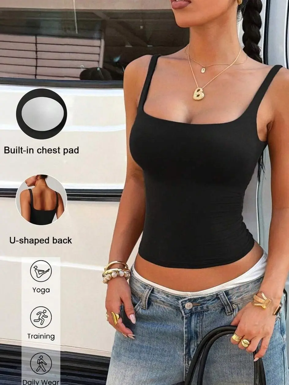 Women's Square Neck Backless Camisole, Knitted Slim Fit Tank Top with Built-In Padding for Yoga and Training