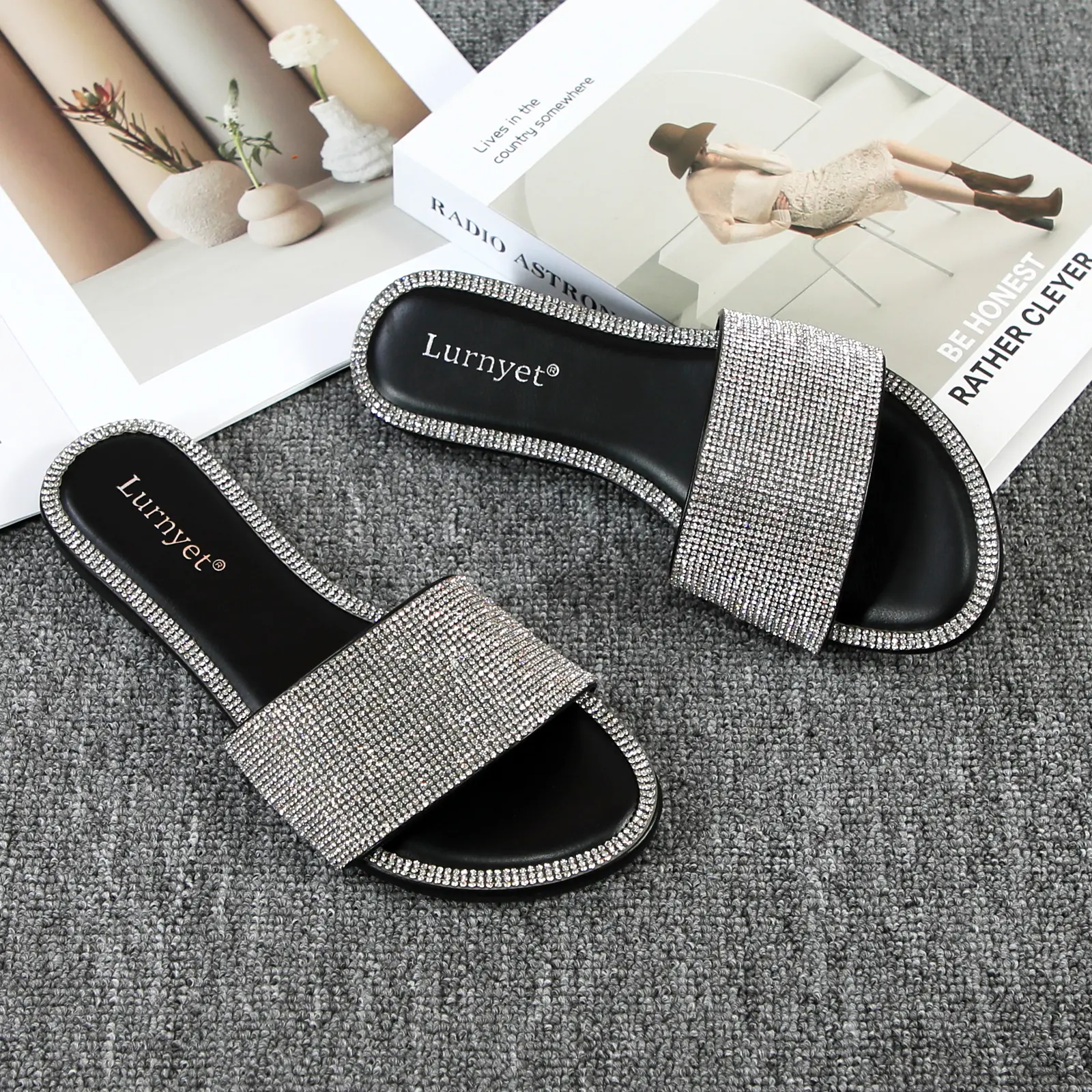 Women Sparkly Crystal Wide Strap Slide Slippers, Open Toe Rhinestone Trim Flat Slip On Sandals Summer Daily Outfit Footwear