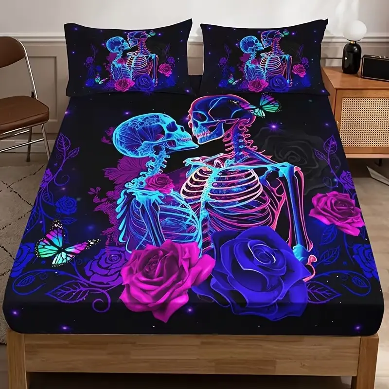 Skeleton Couple Kiss Rose Bedding Three Piece Set (1 * Bed Sheet+2 * Pillowcase, Core free) with Digital Printing, Soft and Breathable, Suitable for Home Daily Room Bedding Decoration, Decorative Bedding Set, Preferred Gift