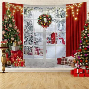 Christmas themed window background tapestry, Christmas tree&pillow&bear pattern decorative tapestry, photography props party background
