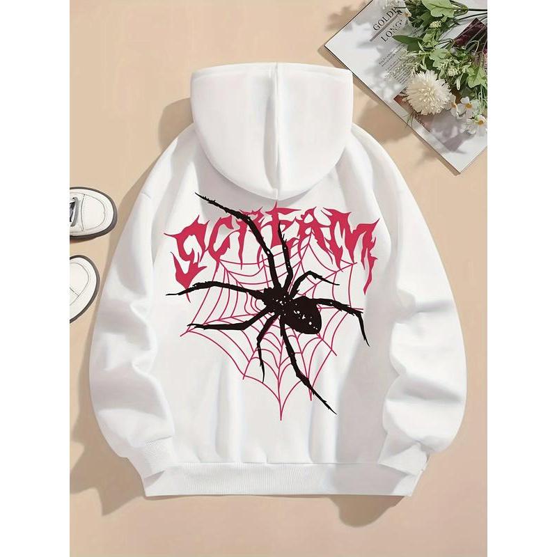 Gothic spider pattern print hoodie, long-sleeved kangaroo pocket pullover, women's casual sportswear, autumn and winter outerwear
