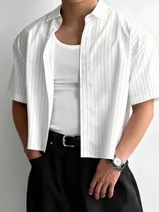 Men's Striped Print Short Sleeve Crop Shirt, High Stretch Casual Summer Style Comfy Button Front Collared Top for Daily Wear, Men's Clothes for Spring and Summer