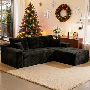 104" boneless sectional couch for living room apartment，Black Plush Corduroy Cloud VelvetModular Couches with Chaise, NoAssembly Required -L-ShapedSectional Sofa Set with FlexibleConfiguration sectional furniture，sofas para sala，Modern Upholstered Sofa