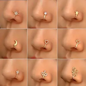 9 Piece Elegant Bohemian Nose Ring Clip Set, U Shape Heart Crown Designs, Non-Pierced Zirconia Nose Jewelry for Parties & Gifts, Party Accessory