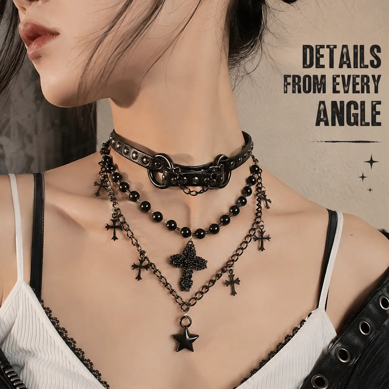 Y2K Punk Gothic Cross Leather Choker Multi Layer Collar Necklace Alt Aesthetic Street Jewelry For Men Women Egirl