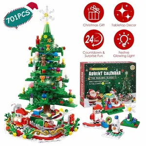 Christmas Tree Building Toy - 701 Pcs with 24-Day Countdown Calendar, 30 LED Warm Lights (USB Powered) - Santa, Ornaments, Snowflake Topper - Educational Blocks for Kids 3-6, Tabletop Decor