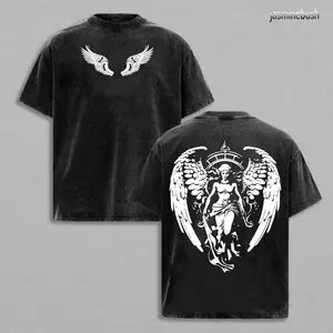 Oversized Angel Guardian Tee: Vintage Washed Heavy Cotton Gothic Shirt