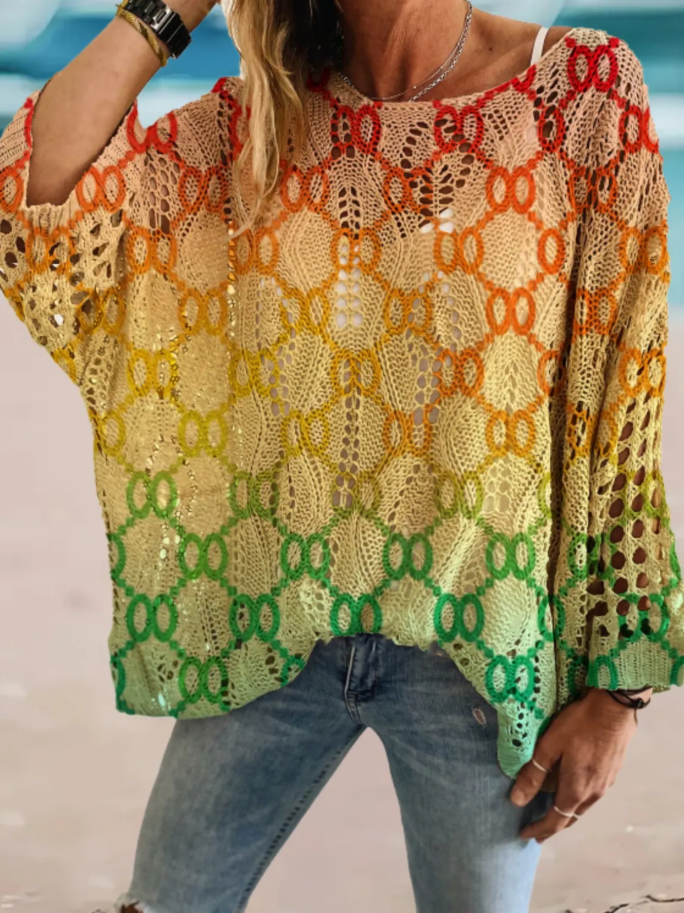Women's Geometric Color Gradient Long Sleeve Knit Top, Hollow Out Batwing Sleeves, Loose-Fitting Sweater for Vacation Wear
