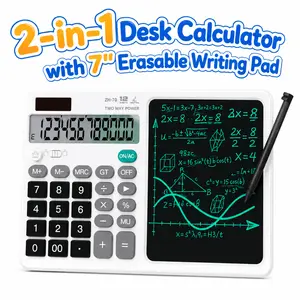 2-in-1 Desktop Calculator with 7" Erasable Dry Erase Writing Pad, 12-Digit Large Display, Solar Power, Big Buttons, Portable Aesthetic Office Supplies for Office & Educational Arts Use