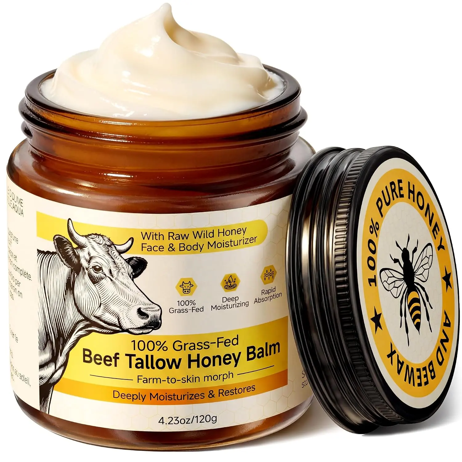 Beef Tallow for Skin & Face, Whipped Tallow and Honey Balm Cream, 100% Grass-Fed Beef Tallow Face Moisturizer with Raw Honey, All Natural Organic Body Lotion Skincare for Women & Men, Unscented 4.2 OZ