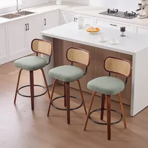 360°Swivel Bar Stools Set of 3, 26" Light Green Linen Upholstered Counter Height Barstools with Cane Rattan Back & Bentwood Legs, Mid Century Modern Bar Chairs Island Stools for Kitchen