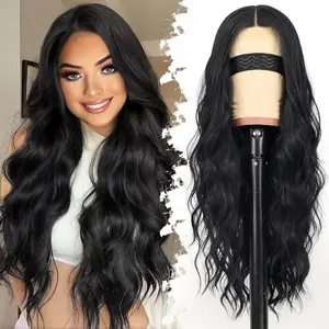Black Long Wavy Glueless Wig for Women 4x1 Lace Middle Part Natural Hairline for Beginners Synthetic for Daily Party Use 26Inch