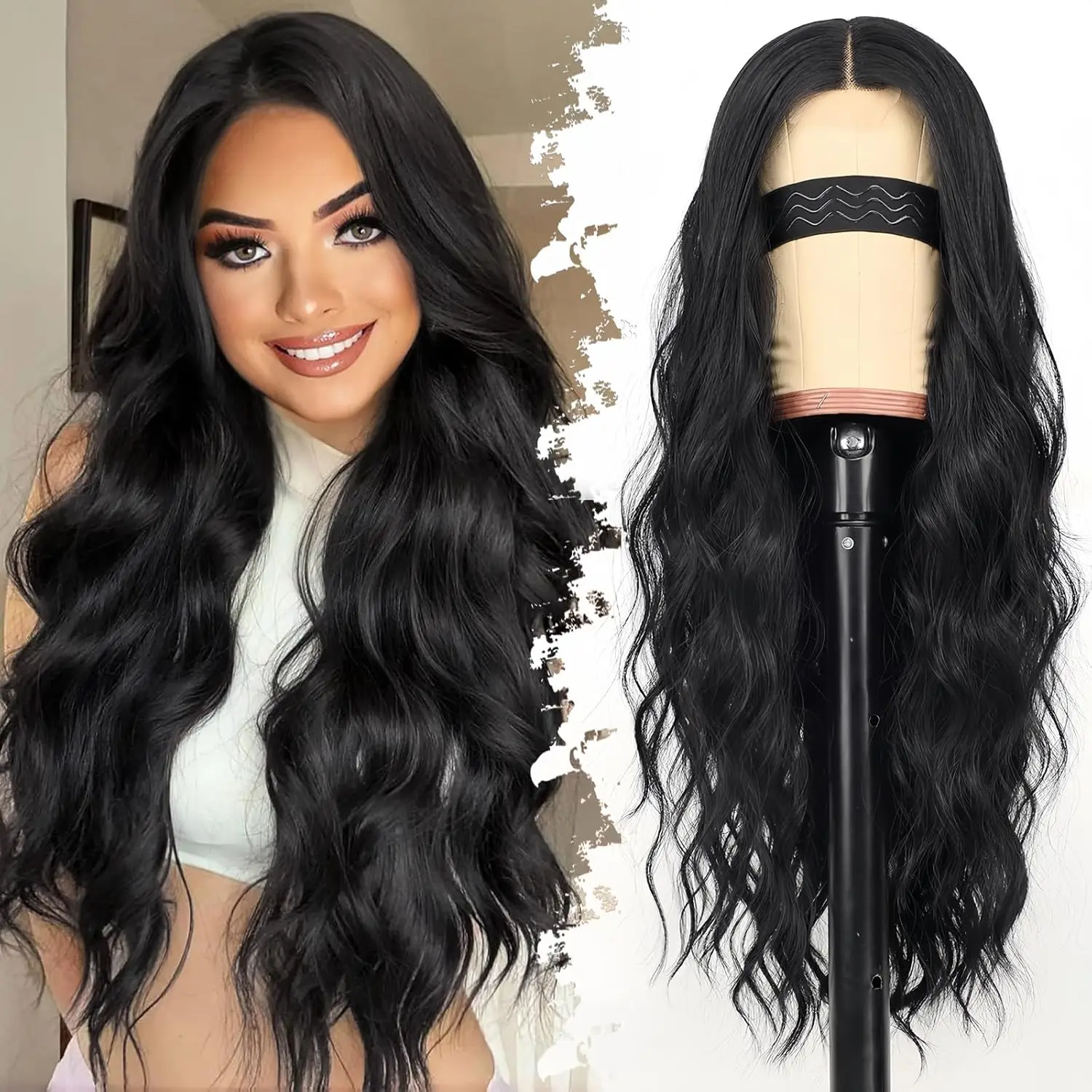 Black Long Wavy Glueless Wig for Women 4x1 Lace Middle Part Natural Hairline for Beginners Synthetic for Daily Party Use 26Inch