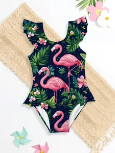 Tropical Flamingo Print One-Piece Swimsuit, Casual Graphic Swimwear, Summer Beach Vacation, Fashionable Bathing Suit