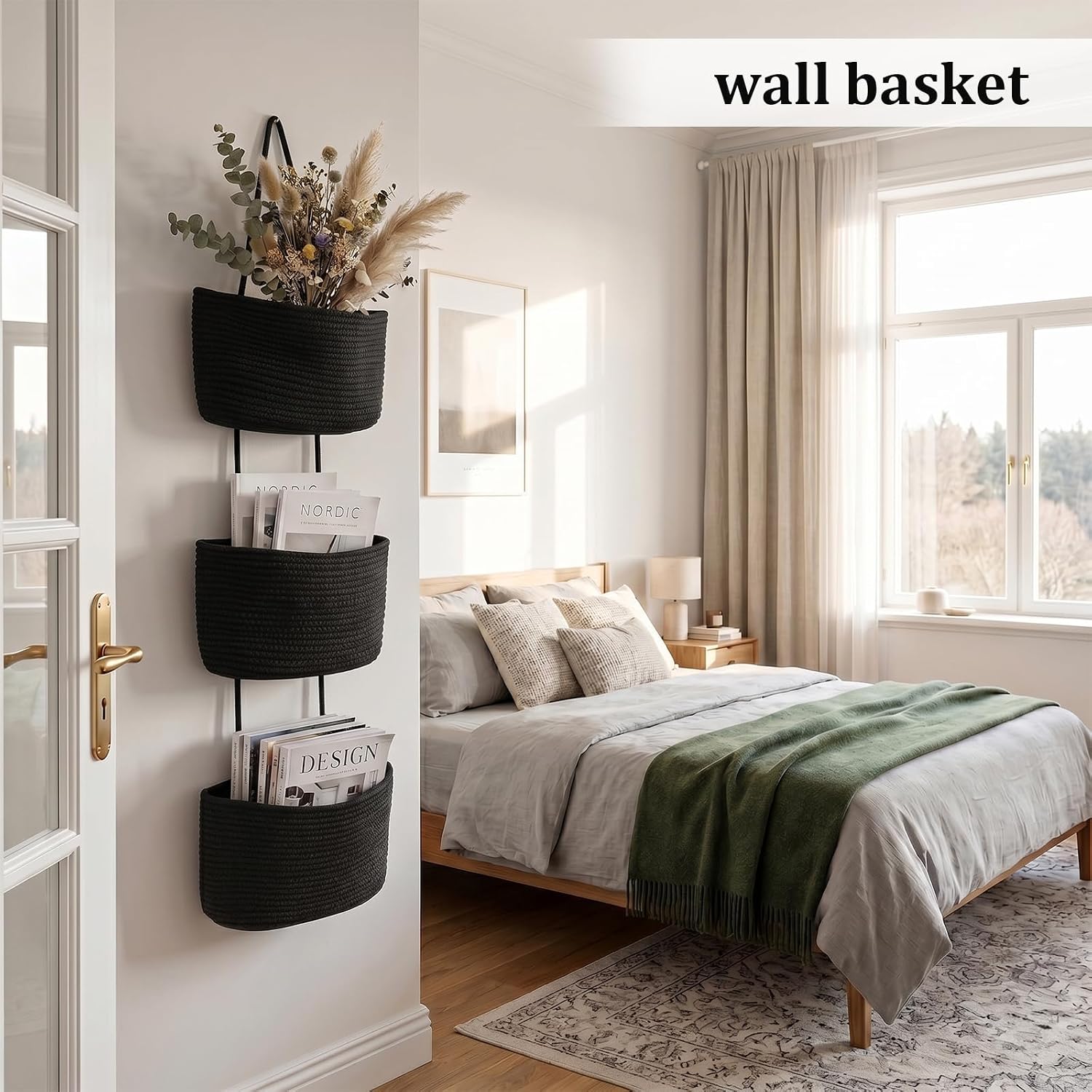 14in 3-Tier Woven Cotton Over-The-Door Hanging Basket Organizer with Handles, Multifunctional Storage for Bathroom Beauty Essentials, Closet Organization, Room Storage