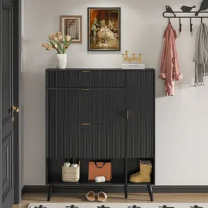 Shoe cabinet with Flip Drawers&Side Cabinet, Narrow Shoe Cabinet with Doors,Hidden Black Shoe Storage with Open Shelf Furniture Bedroom Organization Modern Design Aesthetic Interior