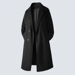 Men's Solid Color Long Double-Breasted Woolen Overcoat with Inner Pockets & Slanting Side Seam Design Formal Suit Collar Dress Jacket for Office Commuting Conference