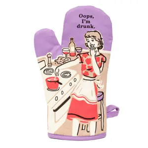 Oops, I'm Drunk Oven Mitt - Illustrated Bakeware with Purple Handle, Printed Design