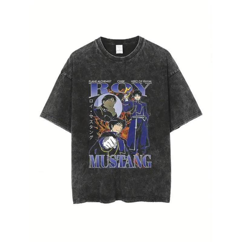 Menswear Unisex Washed Cotton Tee, Stylish Fullmetal Alchemist Anime Print, Casual Harajuku Streetwear, Loose-Fit Crew Neck Short-Sleeve T-Shirt