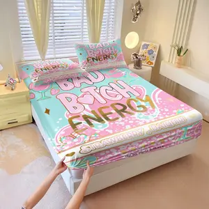 3Pcs Bad B*tch Energy Fitted Sheet Set, Printed Bed Sheet Set with Pillowcases, Soft No Fillers Bedding Set, Aesthetic Sweet & Cool Style Mattress Cover for Bedroom Living Room, Perfect Home Decor Gift