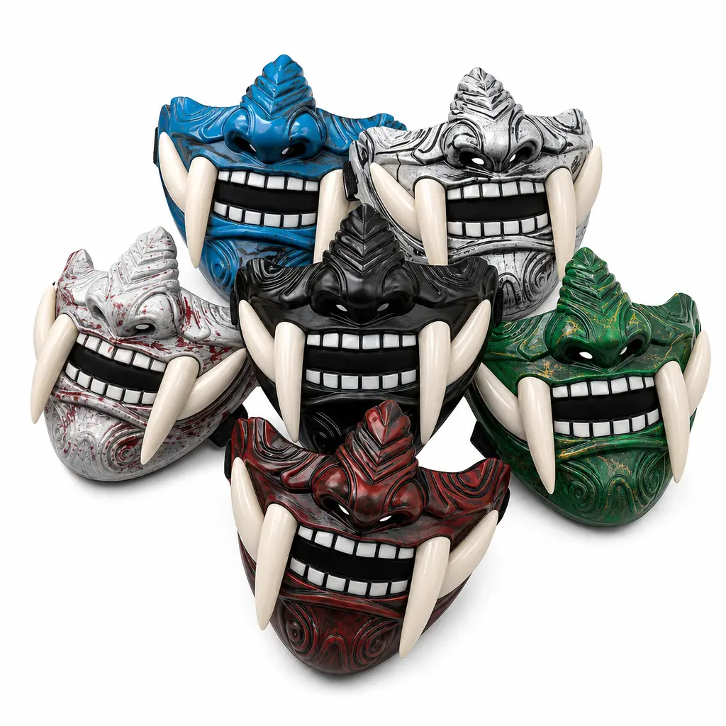 Blue Plastic Oni Demon Hannya Prajna Half-Face Masquerade Mask, Funny Cosplay Prop, Halloween Party Dress-Up Fashion Accessory