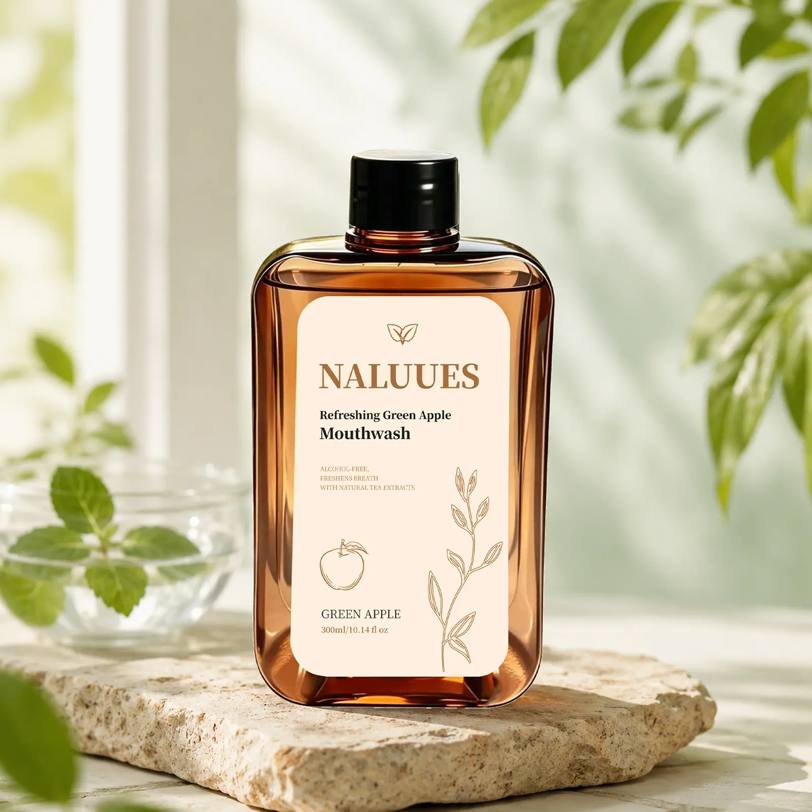 Naluues Tea Enzyme Deep Clean Mouthwash for 24H Fresh Breath Helps Reduce Plaque Natural Green Apple Oral Rinse Teeth Brightening Bad Breath Care Alcohol Free Daily Oral Care 300ml Gentle Smooth