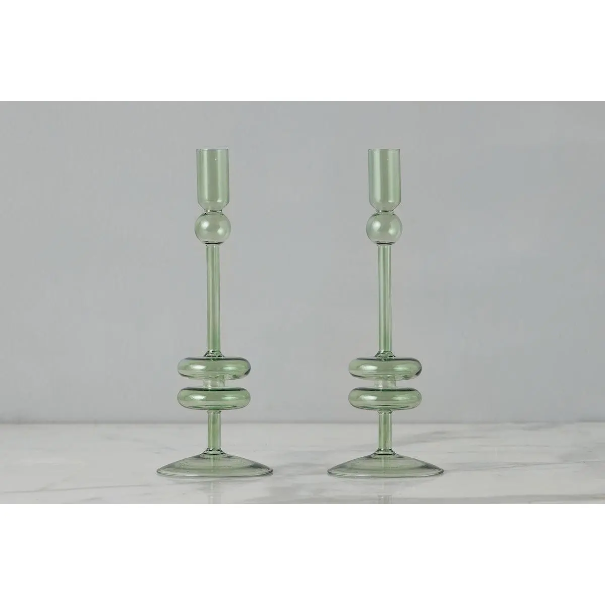 Sage Glass Candlestick Pair, Medium