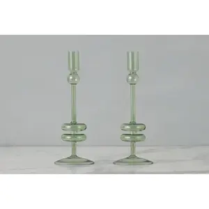 Sage Glass Candlestick Pair, Medium