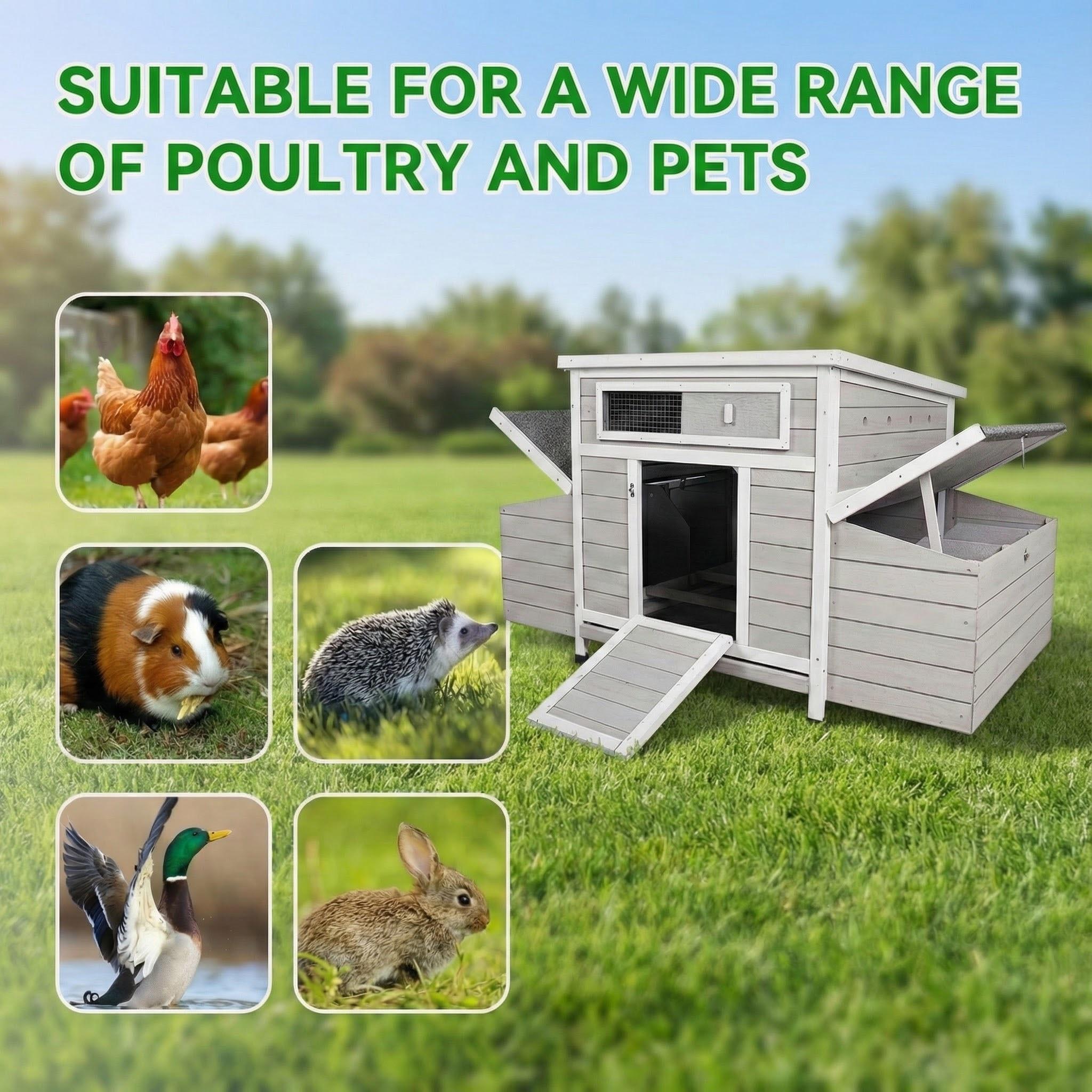 Eyisean 58" Wooden Large Outdoor Chicken Coop, Portable Hen House with Waterproof Foot & Pull-Out Tray, Dual-Sided Ventilation Holes, Poultry Cage with 2 Sides Nesting Boxes, Easy-Clean for Backyard