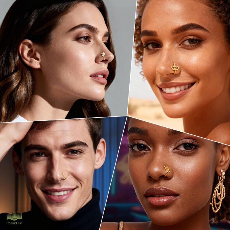 PolarEve 9pcs Non-Piercing Copper Nose Rings U Star Love Crown Zirconia Shapes Punk Rhinestone Clip-On Gold Nose Protection Bracelet Adjustable Jewelry Unisex