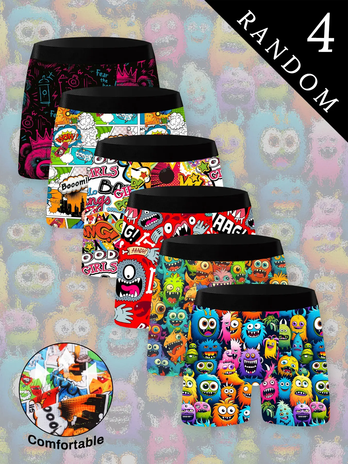 Men's Cartoon Graffiti Monster Pattern Performance Boxer Briefs, Elastic Polyester Fabric, Soft Breathable, Gym Casual Streetwear, Casual Comfy Underwear, 4 Pack
